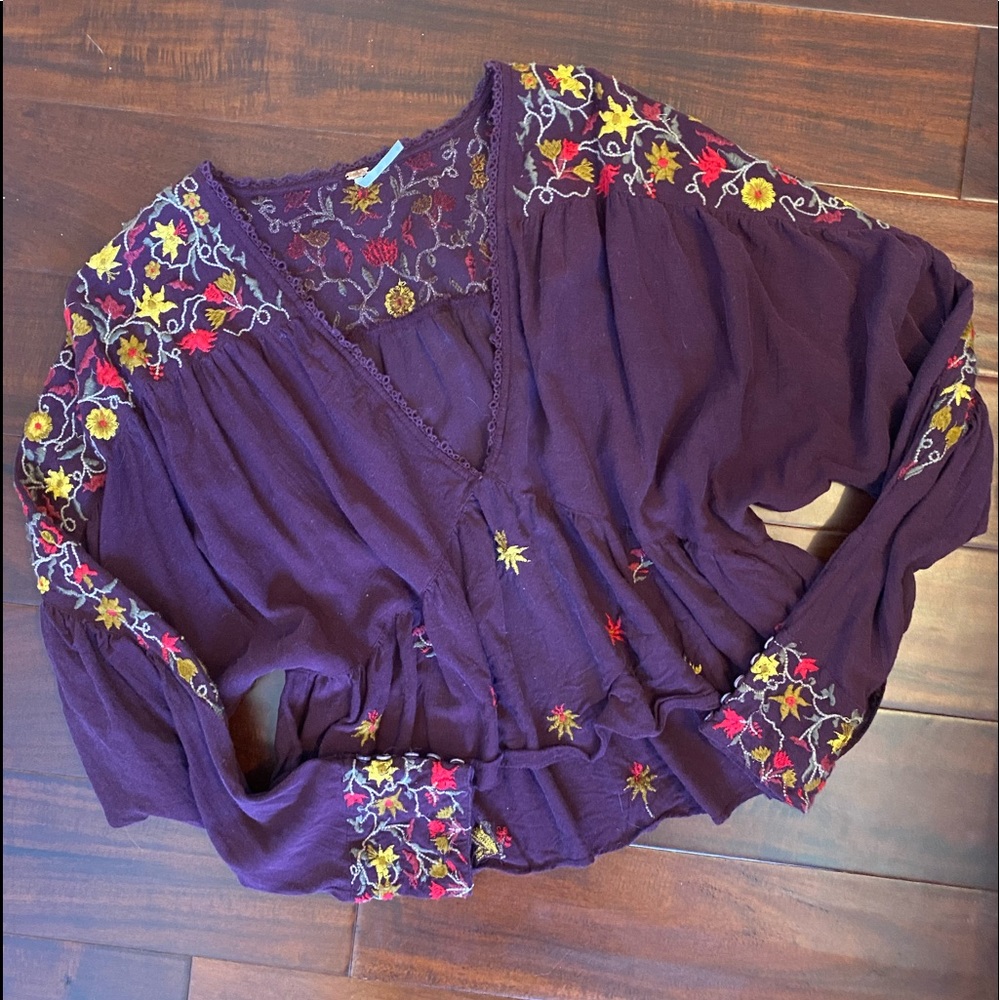 Free People Plum Embroidered Blouse. Size Large